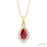 5x3 MM Pear Shape Ruby and 1/20 Ctw Single Cut Diamond Halo Precious Pendant with Chain in 10K Yellow Gold